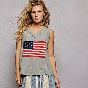 🇺🇸 POL V-Neck Ribbed Tank w/American Flag Patch and Star Back Patch-Heather Gray